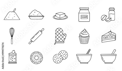 Line Art Baking Icons Set with Ingredients Tools and Sweet Desserts Collection