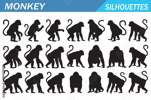 Monkey silhouettes icon set isolated on white background, black primate animal symbols collection with various standing and walking poses for wildlife, zoo, mascot, logo, and design use