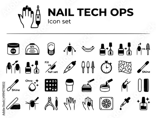 Nail Art & Nail Tech Ops Icon Set: Manicure & Salon Professional Vector