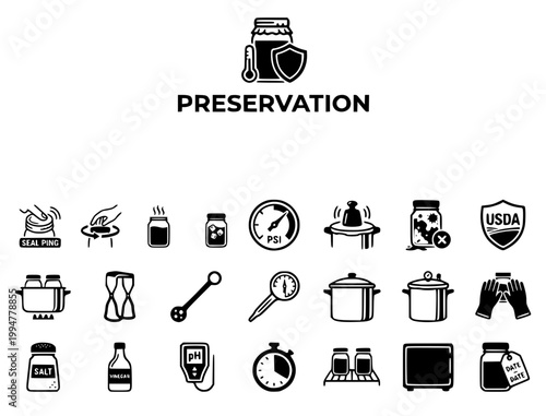 Food Preservation & Fermentation Icon Set: Canning & Safety Vector