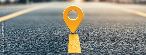 A vibrant 3D cartoon location pin icon marking the route on a deserted asphalt road with a bustling city skyline ahead