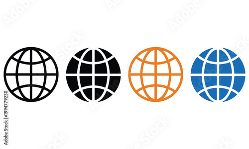 Four stylized globe icons with different color schemes and designs