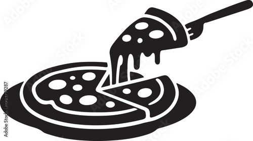 Flat black silhouette of a small pizza on a plate with a slice lifted by a fork