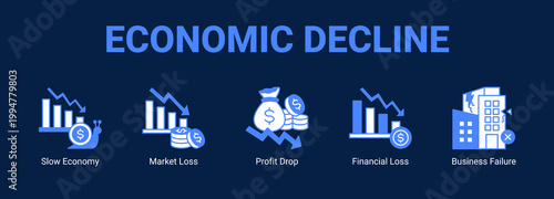 Economic Decline web banner icon concept, with Slow Economy, Market Loss, Profit Drop, Financial Loss.