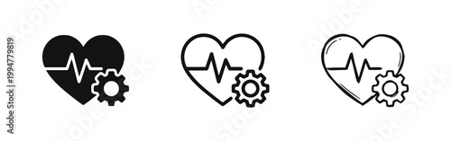 Heart Health and Maintenance Icon Set with EKG Pulse and Gear Settings