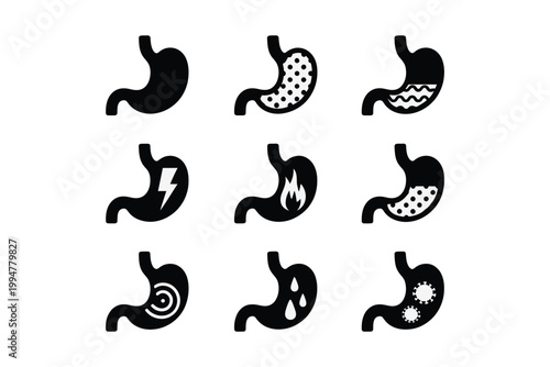 Stomach icon vector illustration showing various gastric conditions and symptoms in clean style isolated on white background for medical use
