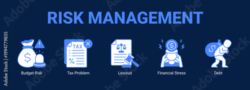 Risk Management web banner icon concept, with Budget Risk, Tax Problem, Lawsuit, Financial.