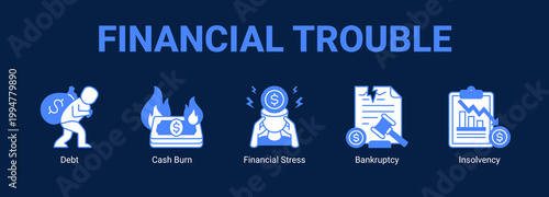Financial Trouble web banner icon concept, with Debt, Cash Burn, Financial Stress.