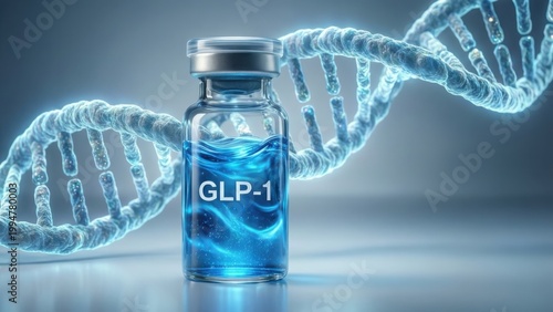 A vial labeled glp 1 against dna helix background filled with blue liquid symbolizing biotechnology development, medical research, obesity treatment and breakthrough in metabolic health