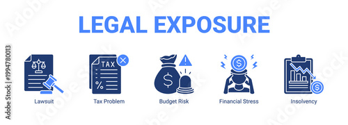 Legal Exposure web banner icon concept, with Lawsuit, Tax Problem, Budget Risk, Financial.