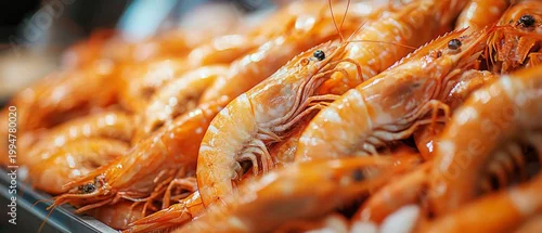 Obraz  z motywem A close-up of fresh boiled prawns with shiny shells – an appetising backdrop for seafood, restaurant menus, healthy eating or food advertising.