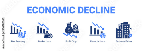Economic Decline web banner icon concept, with Slow Economy, Market Loss, Profit Drop, Financial Loss.