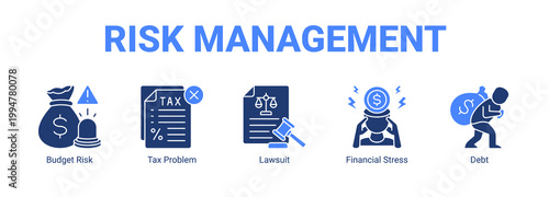 Risk Management web banner icon concept, with Budget Risk, Tax Problem, Lawsuit, Financial.