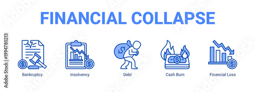 Financial Collapse web banner icon concept, with Bankruptcy, Insolvency, Debt, Cash Burn.