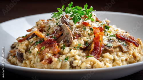 Creamy risotto with bacon and mushrooms served in a white bowl on a dark table