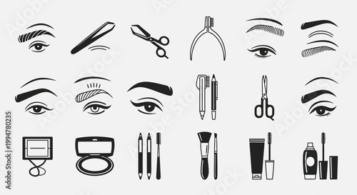 A collection of minimalist flat vector icons related to eyebrow grooming and makeup.