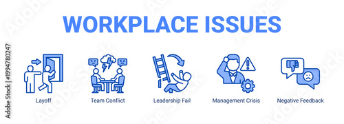 Workplace Issues web banner icon concept, with Layoff, Team Conflict, Leadership Fail, Management Crisis.