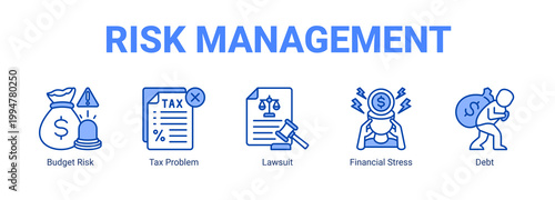 Risk Management web banner icon concept, with Budget Risk, Tax Problem, Lawsuit, Financial.