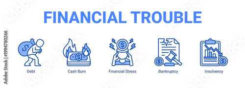 Financial Trouble web banner icon concept, with Debt, Cash Burn, Financial Stress.