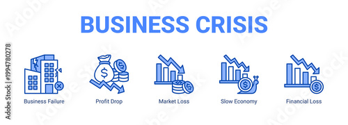 Business Crisis web banner icon concept  with Business Failure, Profit Drop, Market Loss, Slow Economy, Financial Loss.