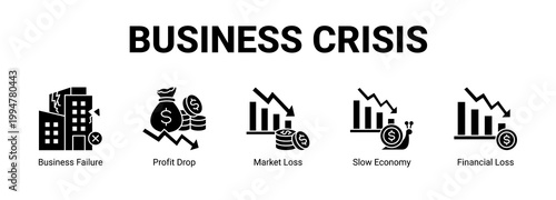 Business Crisis web banner icon concept, with Business Failure, Profit Drop, Market Loss, Slow Economy.
