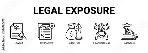 Legal Exposure web banner icon concept, with Lawsuit, Tax Problem, Budget Risk, Financial.
