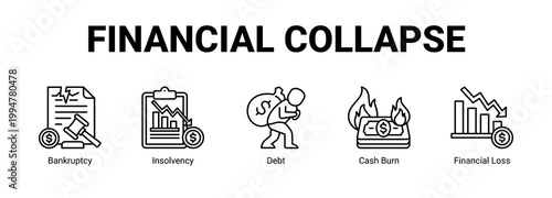 Financial Collapse web banner icon concept, with Bankruptcy, Insolvency, Debt, Cash Burn.