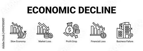 Economic Decline web banner icon concept, with Slow Economy, Market Loss, Profit Drop, Financial Loss.