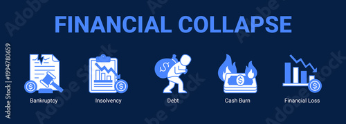 Financial Collapse web banner icon concept, with Bankruptcy, Insolvency, Debt, Cash Burn.