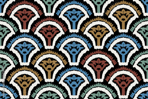 Tribal Geometric Ikat Fabric Print, Seamless Floral Arch Design, Scalloped Fan Textile Pattern, Vintage Oriental Palmette, Scalloped Arch Background, Ethnic Textile Design for Wallpaper, Fabric Print