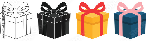 Gift box icons set, surprise package symbols, parcel pack and holiday gift boxes, abstract collection logo design, festive present icons, modern flat vector illustration for apps, branding, and