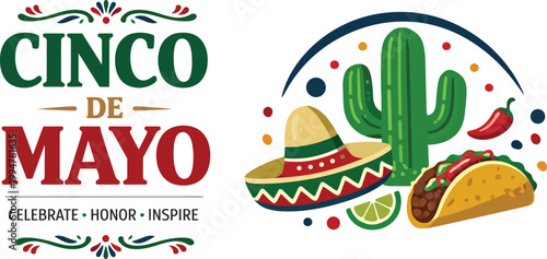 Cinco de mayo celebration cactus taco and festive mexican elements