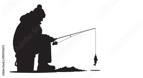 Silhouette of a fisherman ice fishing with a caught fish