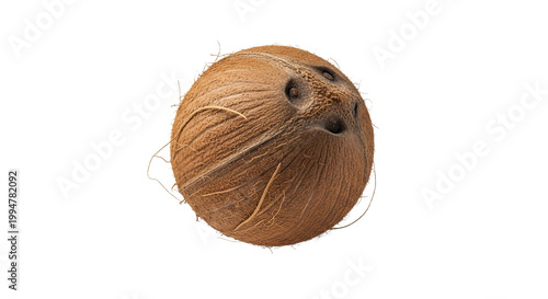 Whole Brown Coconut Fruit with Husk Isolated on White Background - Tropical Healthy Food Ingredient