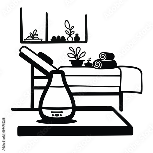 Spa room interior with massage table and diffuser line icon. Wellness and relaxation center concept. Black and white vector illustration isolated on transparent background