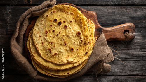 Freshly made flatbreads stacked on a wooden board with a cloth in a rustic setting