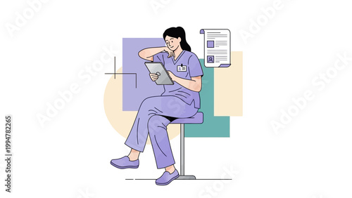 Nurse with Tablet Reading Medical Records, Healthcare Professional Illustration