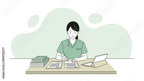 Nurse working at desk with laptop and documents, medical office illustration