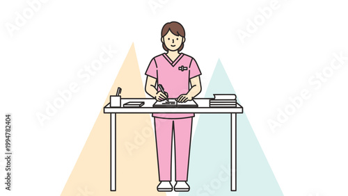 Nurse Writing at Desk with Medical Supplies and Books