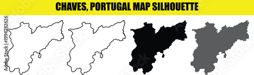Chaves portugal map silhouette vector illustration in white outline filled and dotted styles.