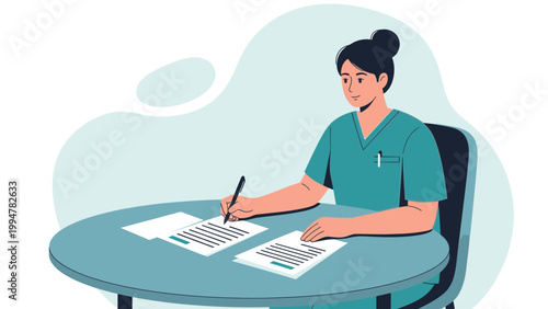 Nurse writing on paper at table, medical illustration, healthcare concept
