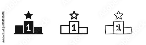 Winner podium with star icon set in flat, outline, and hand-drawn styles