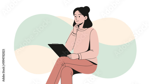 Thoughtful Woman Holding Clipboard, Sitting with Abstract Background