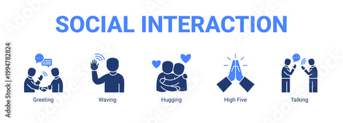 Social Interaction web banner icon concept, with Greeting, Waving, Hugging, High.