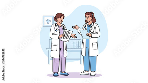 Two doctors discussing medical chart in clinic office, healthcare professionals talking