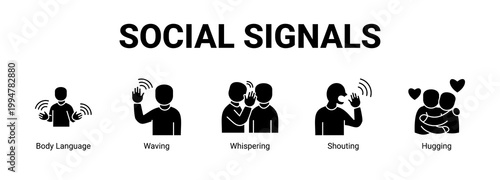 Social Signals web banner icon concept, with Body Language, Waving, Whispering.