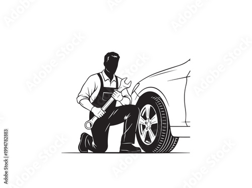 Mechanic, car repair, automotive service, black and white illustration