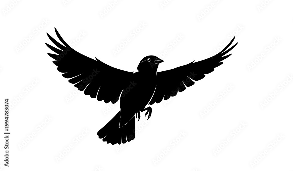 Fototapeta premium Flying bobolink silhouette vector small bird in motion with wings spread isolated on white background