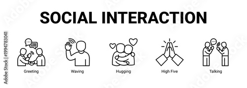 Social Interaction web banner icon concept, with Greeting, Waving, Hugging, High.