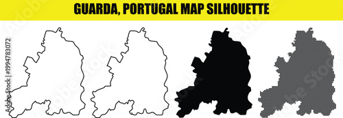Guarda portugal map silhouette vector illustration in white outline filled and dotted styles.
